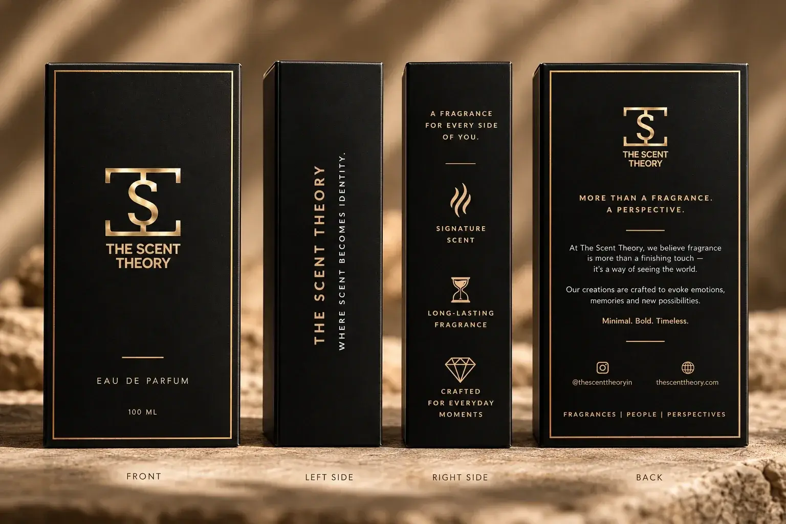 The Scent Theory Eau de Parfum box: front, left side, right side and back